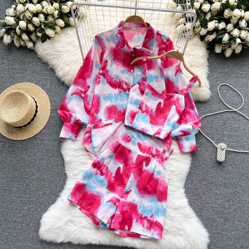  Pink & Blue Tie-Dye 3-Piece Shorts Co-ord Set Image