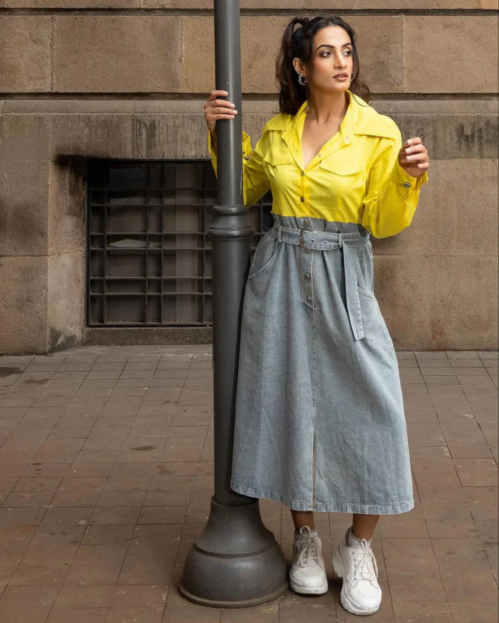 Poplin Button down Denim Dress Image