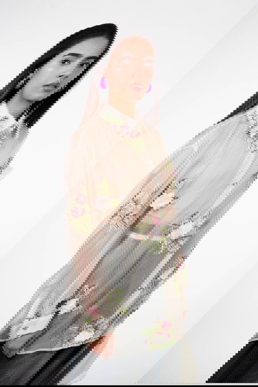 Sheer Floral Embroidered Organza Shirt Image