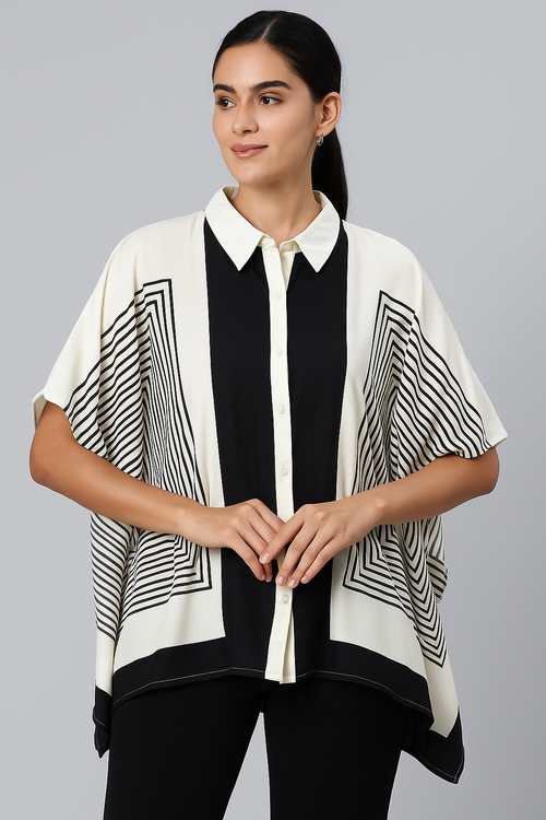 Black & White Geometric Print Oversized Kaftan Shirt Image