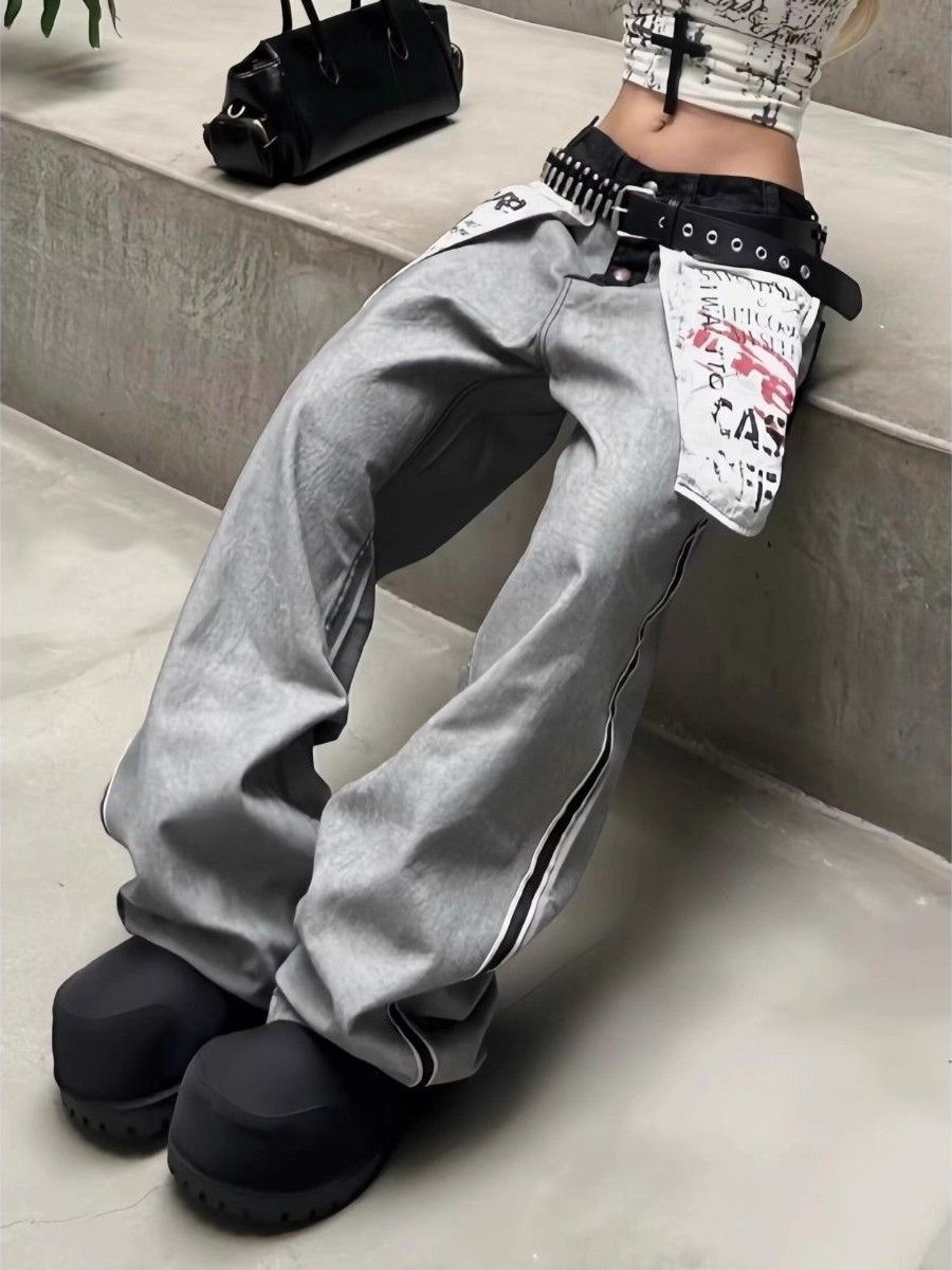 Grey Graffiti Patchwork Baggy Pants Image 