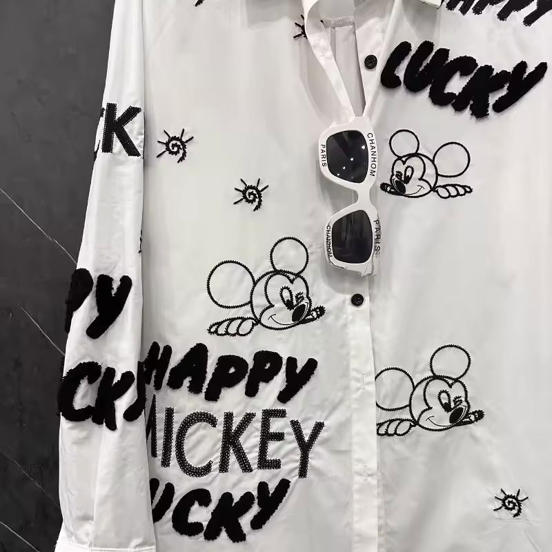 Graphic Embroidered White Shirt – “Happy Lucky” Mickey Inspired Design 🤍 Image 