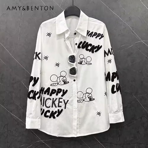 Graphic Embroidered White Shirt – “Happy Lucky” Mickey Inspired Design 🤍 Image