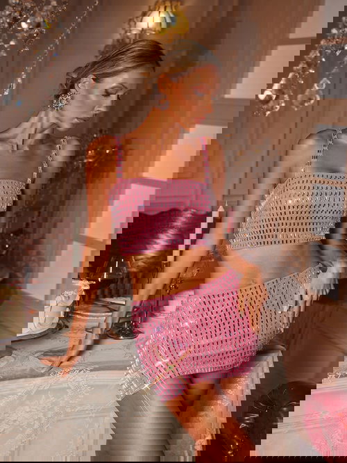 ✨ Pink Mirror Sequin Co-Ord Set (Crop Top & Mini Skirt) Image