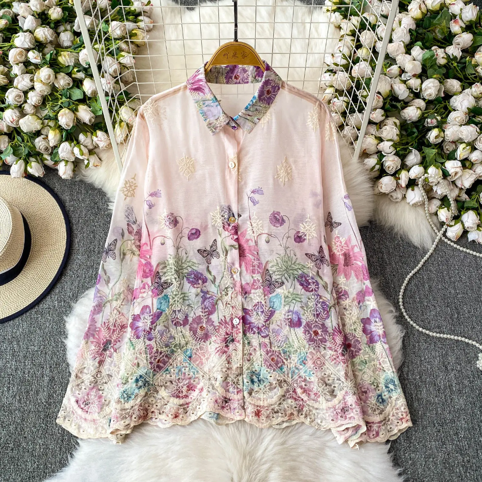 Floral Ombre Sheer Shirt for Women Image 