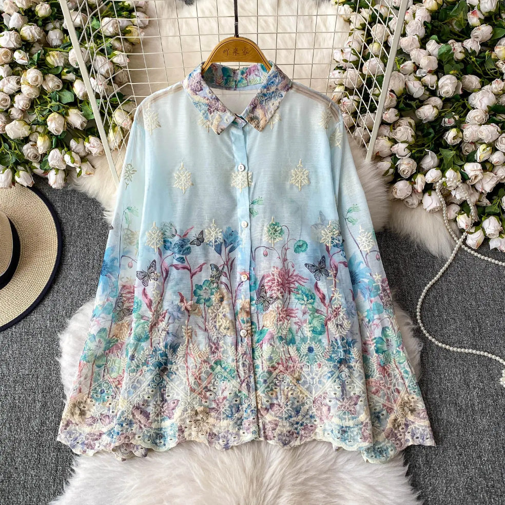 Floral Ombre Sheer Shirt for Women Image 