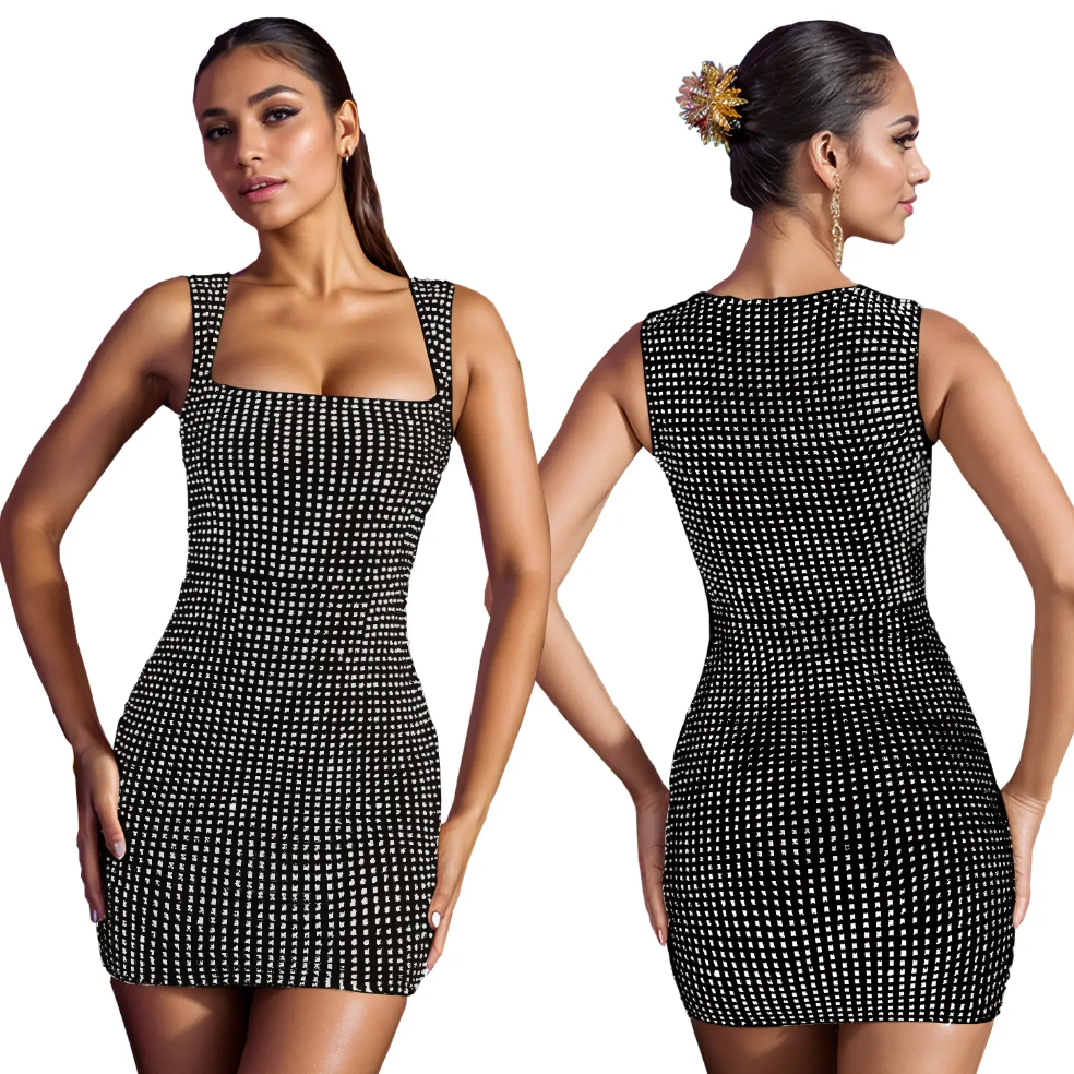 Black Rhinestone Bodycon Mini Dress Image 