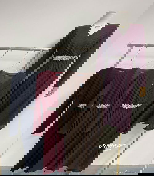 ✨ Elegant Wrap Midi Dress with Crystal Waist Belt Image