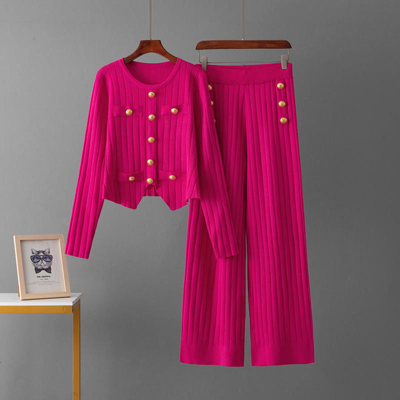 💖 Hot Pink Ribbed Co-Ord Set with Gold Button Detail Image 