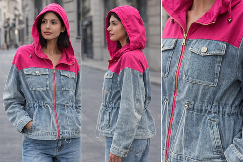 💖 Denim & Hot Pink Hooded Jacket for Women