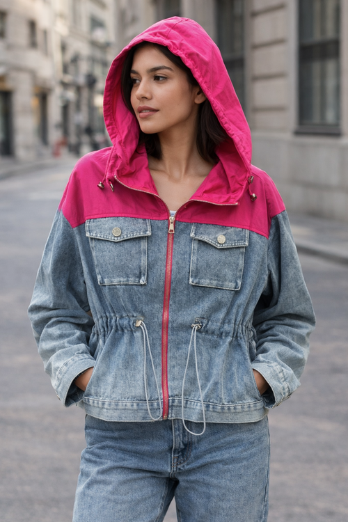 💖 Denim & Hot Pink Hooded Jacket for Women Image