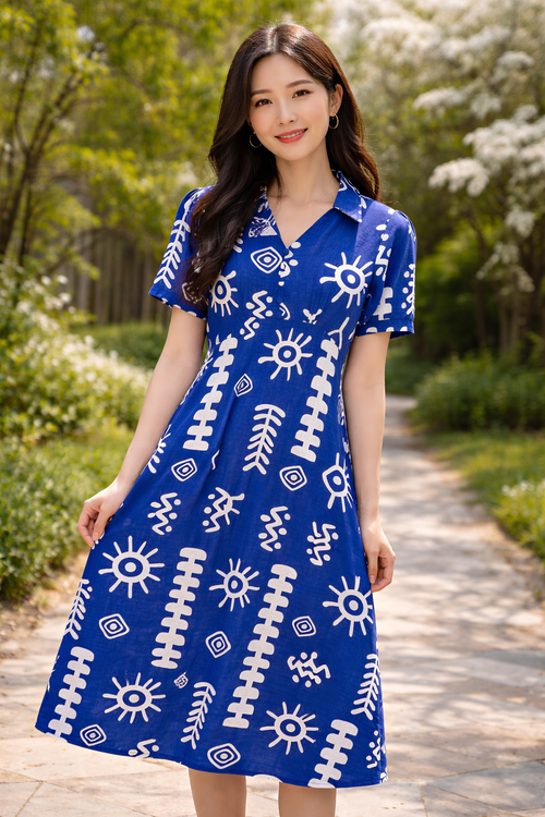 💙 Blue Printed A-Line Dress for Women Image
