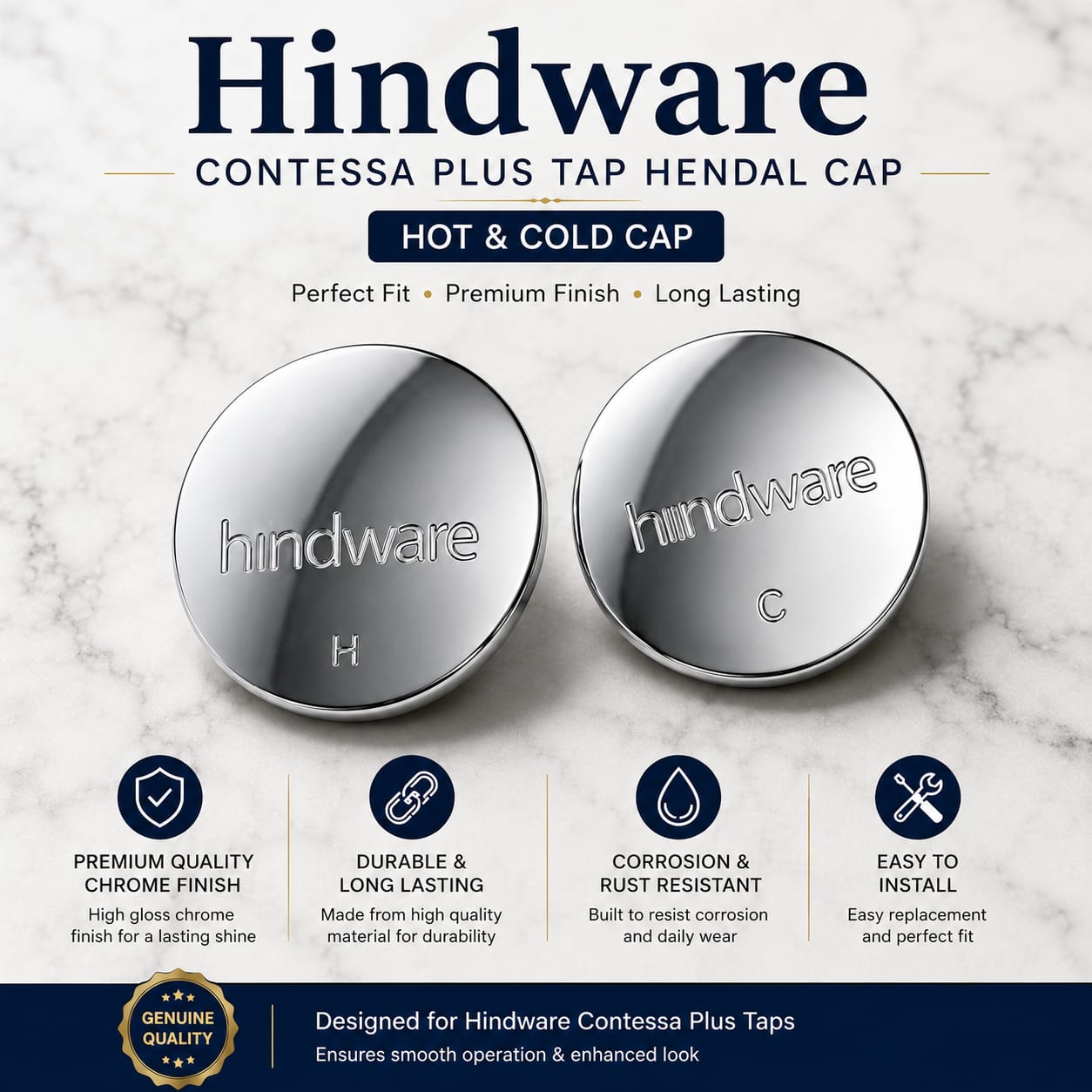 HindwareContessa Plus Tap Handle Cap Set | Hot & Cold Chrome Handle Caps for Bathroom Wall Mixer Tap | Replacement Handle Button Covers Compatible with Hindware Contessa Plus Image 