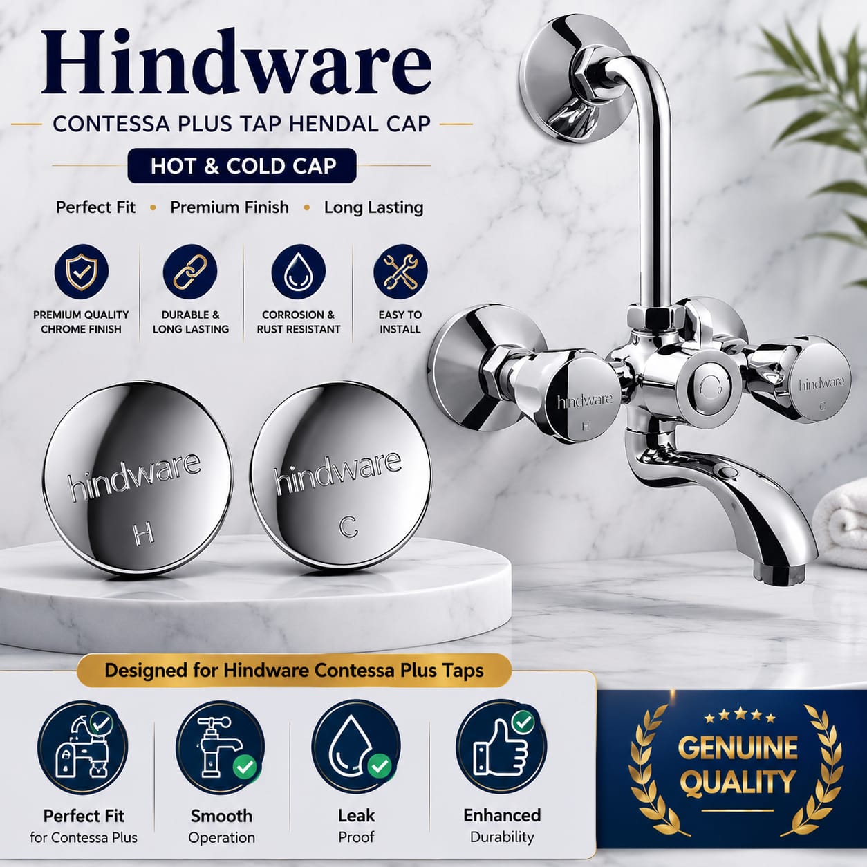 HindwareContessa Plus Tap Handle Cap Set | Hot & Cold Chrome Handle Caps for Bathroom Wall Mixer Tap | Replacement Handle Button Covers Compatible with Hindware Contessa Plus Image 