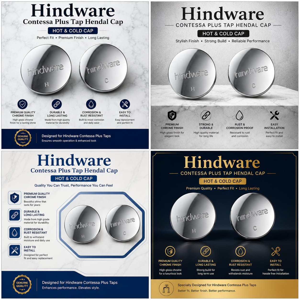 HindwareContessa Plus Tap Handle Cap Set | Hot & Cold Chrome Handle Caps for Bathroom Wall Mixer Tap | Replacement Handle Button Covers Compatible with Hindware Contessa Plus Image 