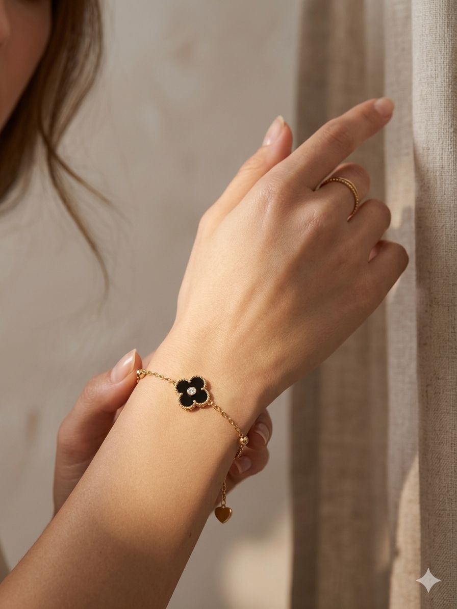 Four-Leaf Clover Black Enamel Gold-Tone Chain Bracelet  Image 