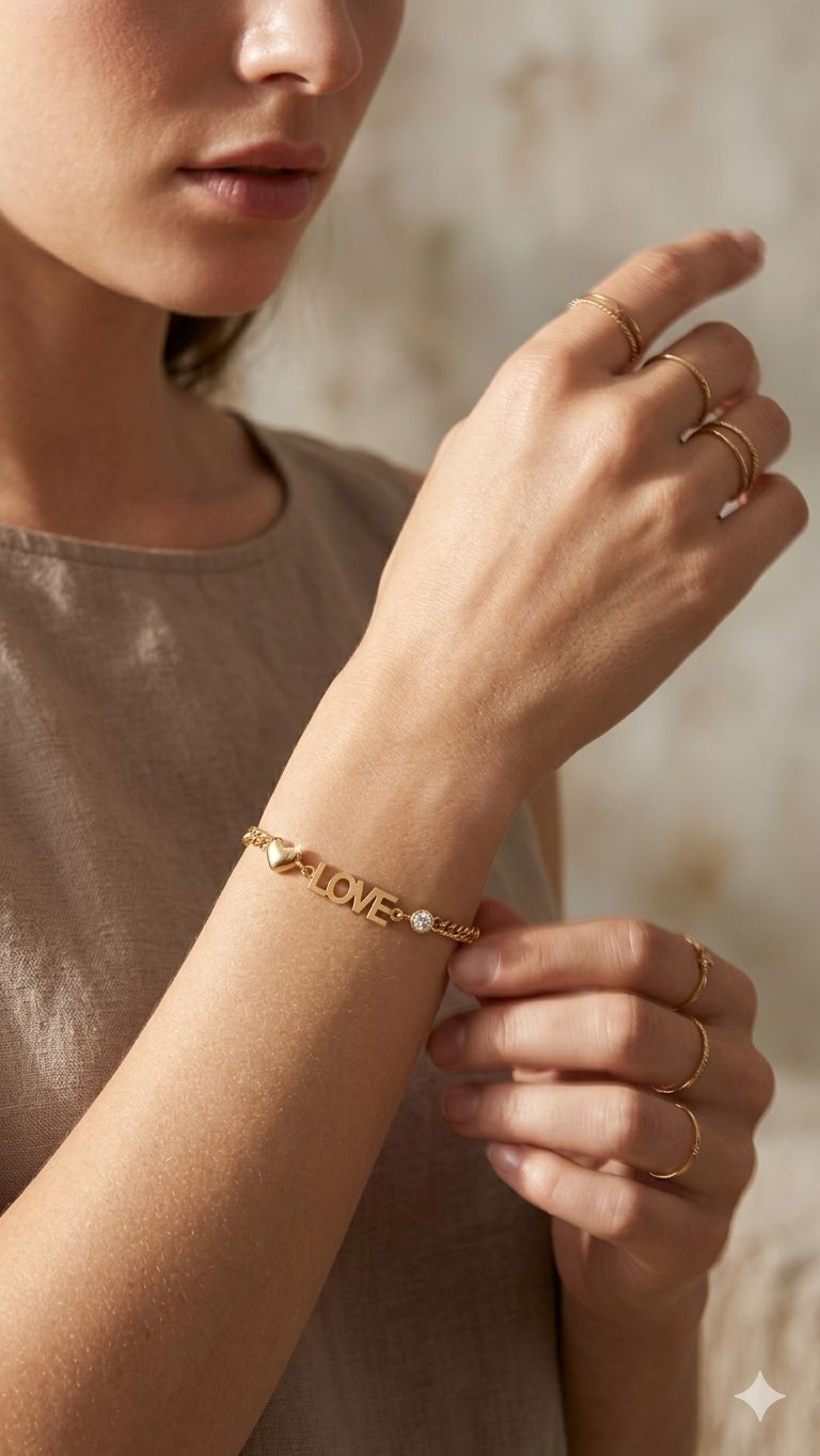 Gold-Toned 'LOVE' Charm Bracelet with Heart & Crystal Details Image 