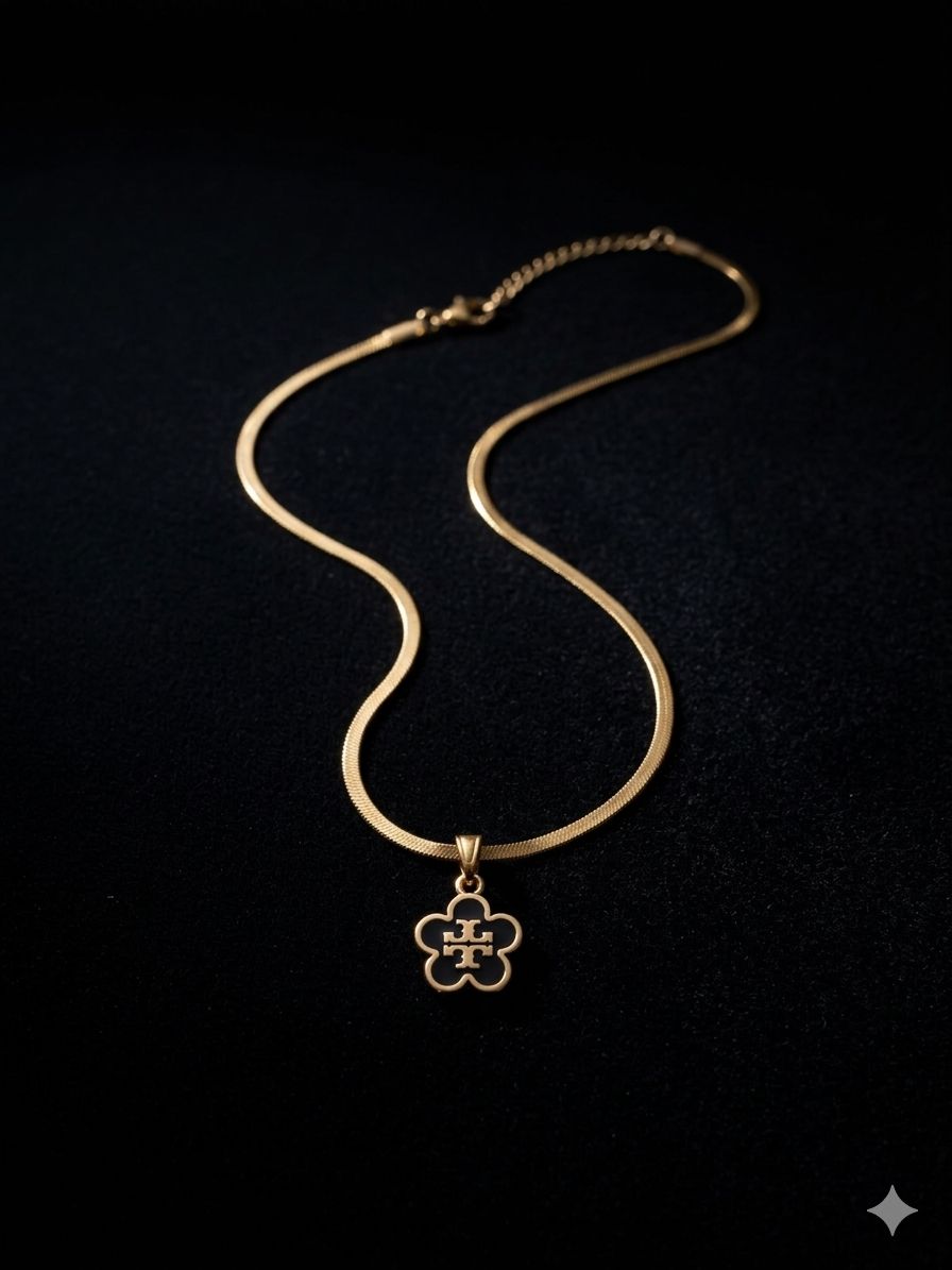 Flower Pendant Necklace with Black Enamel Detailing Image 