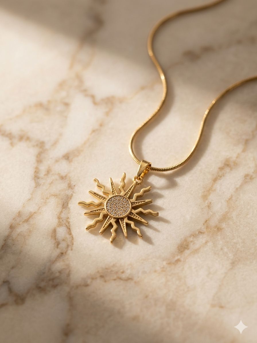 Golden Sun Pendant Necklace with Textured Design Image 