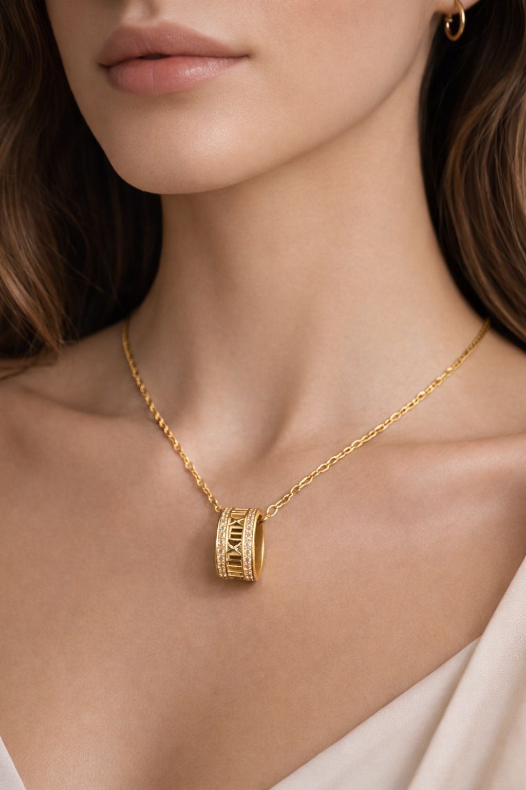 Roman Numeral Gold-Tone Pendant Necklace with Crystal Accents Image 