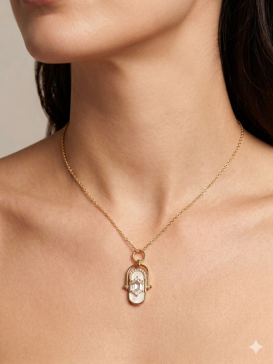 Elegant Gold-Tone Pendant Necklace with Stone and Pearl Accents Image 
