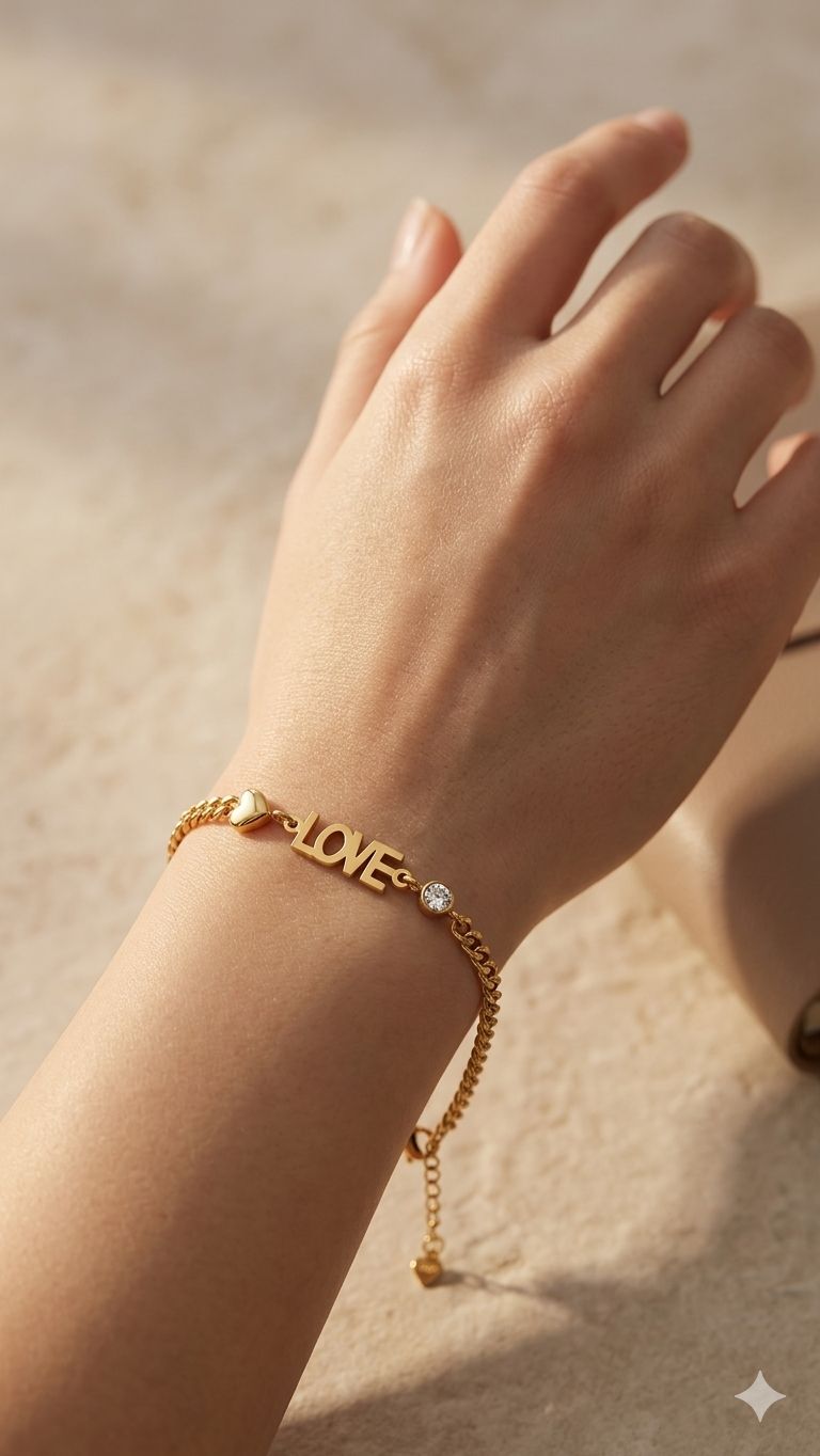 Gold-Toned 'LOVE' Charm Bracelet with Heart & Crystal Details Image 
