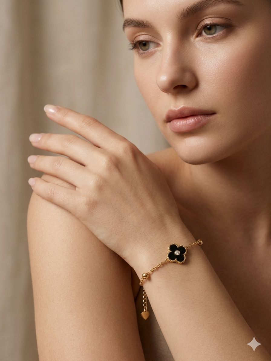 Four-Leaf Clover Black Enamel Gold-Tone Chain Bracelet  Image 