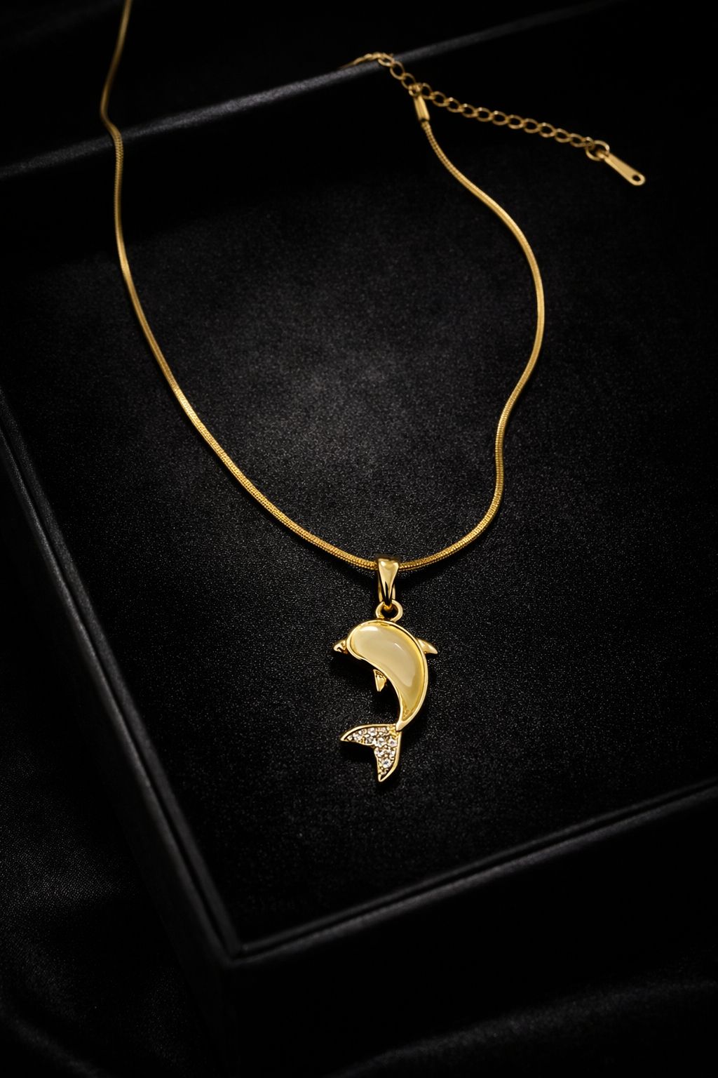 Gold-Toned Dolphin Pendant Necklace with Crystal Accents Image 