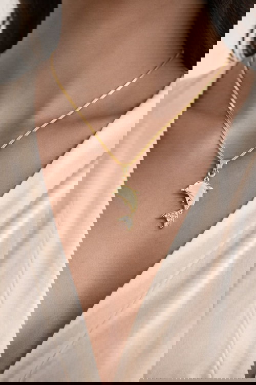 Gold-Toned Dolphin Pendant Necklace with Crystal Accents Image