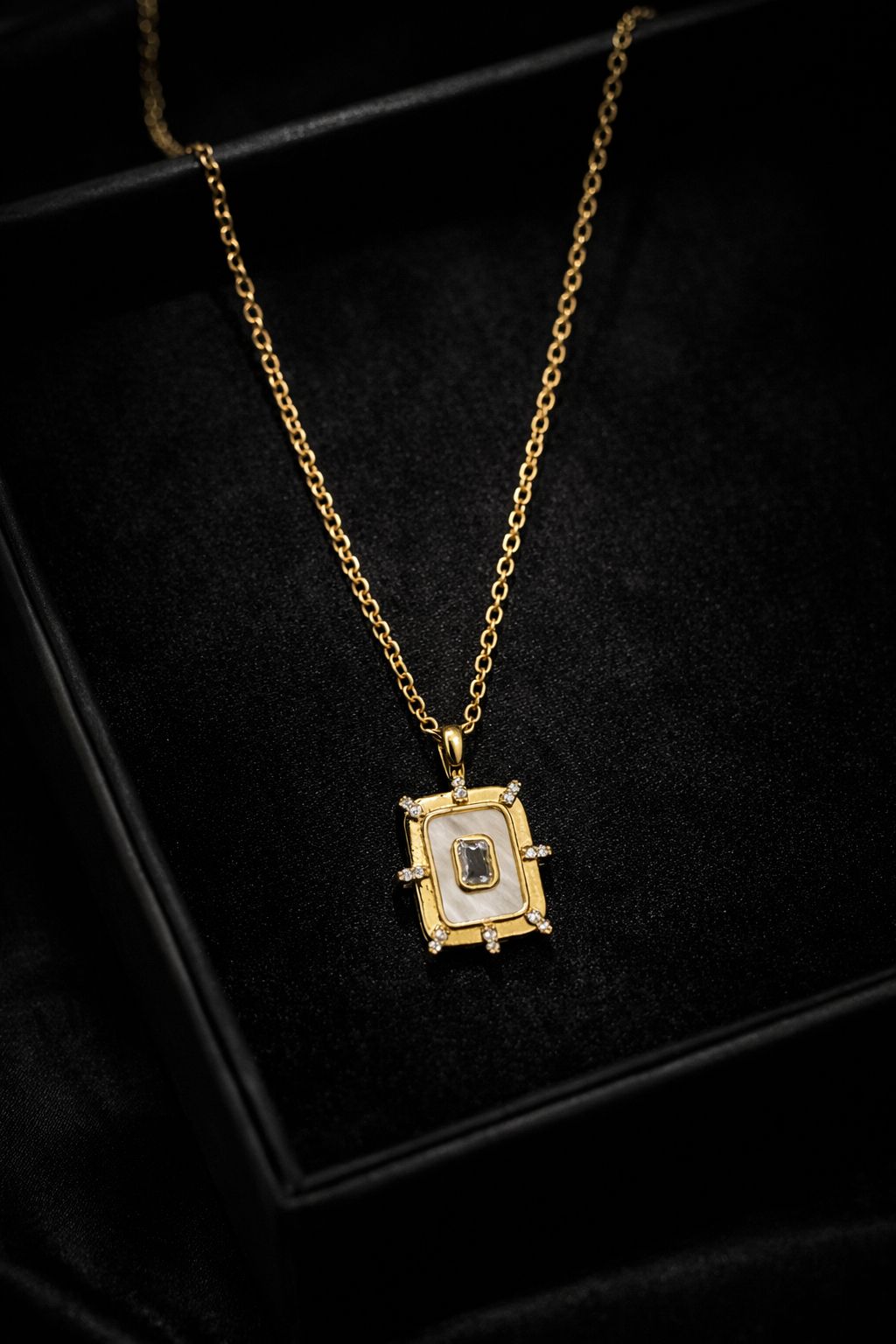 Elegant Rectangular White Stone Gold Pendant Necklace Image 