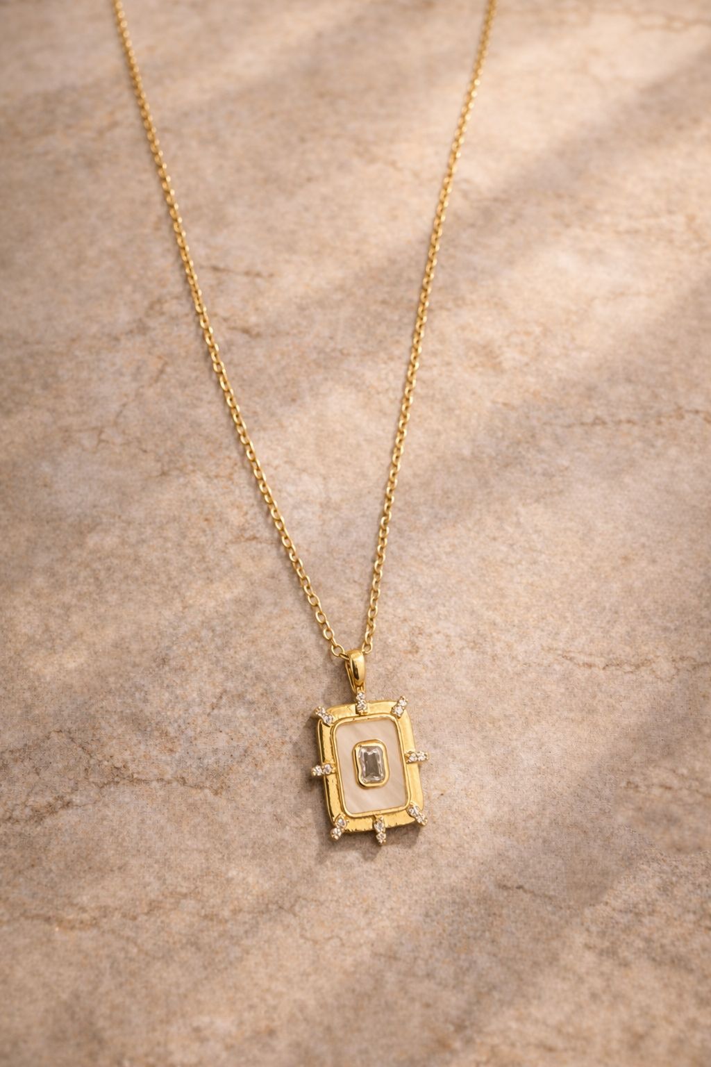 Elegant Rectangular White Stone Gold Pendant Necklace Image 