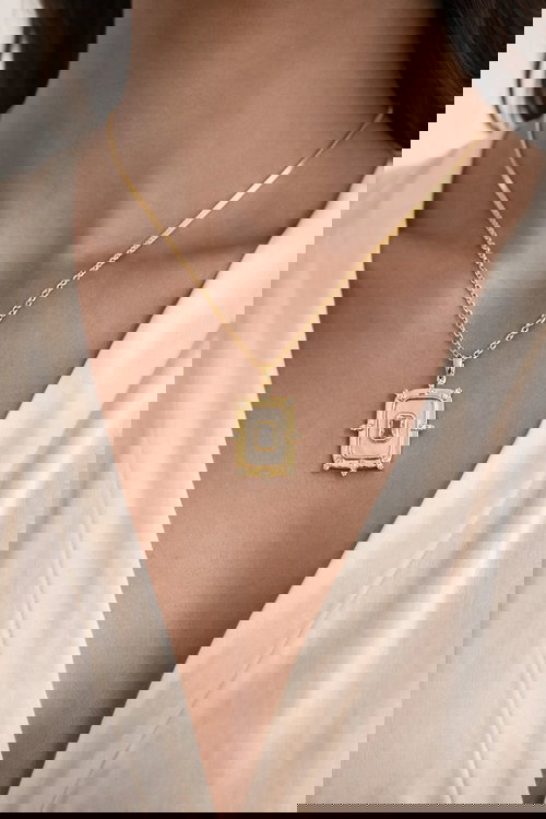 Elegant Rectangular White Stone Gold Pendant Necklace Image