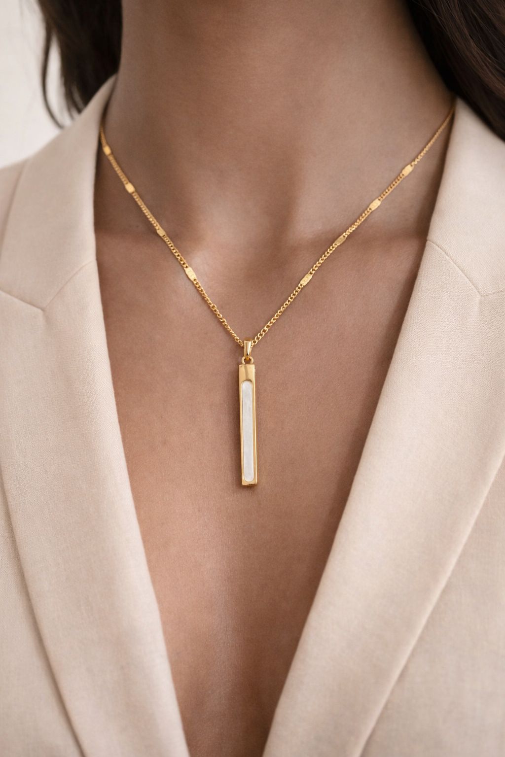 Elegant Mother of Pearl Vertical Bar Pendant Necklace  Image 