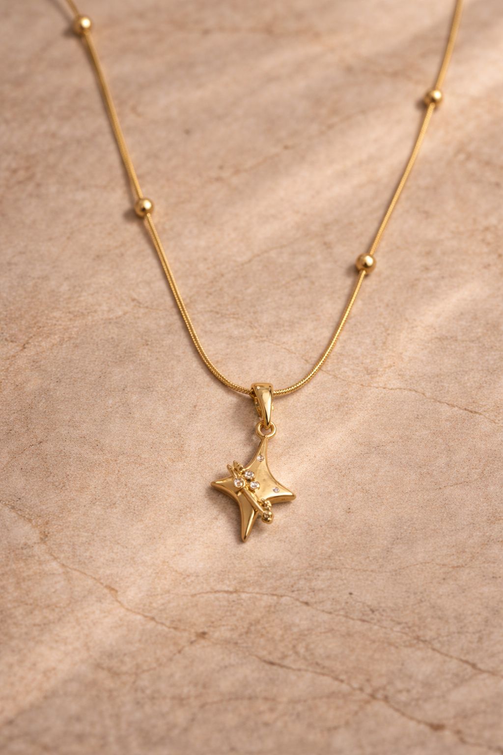 Gold-Tone Star Pendant Necklace with Beaded Chain Image 