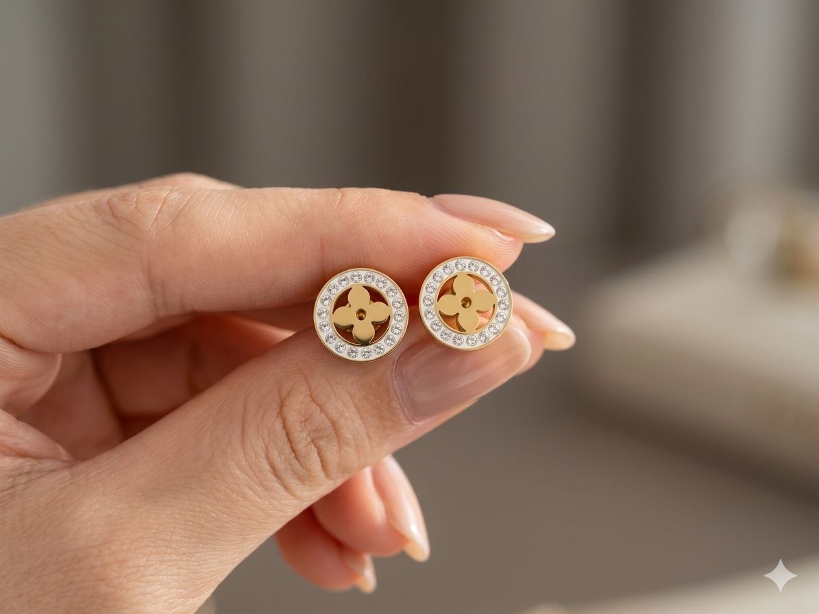 Elegant Flower Motif Stud Earrings with Crystal Border Image 