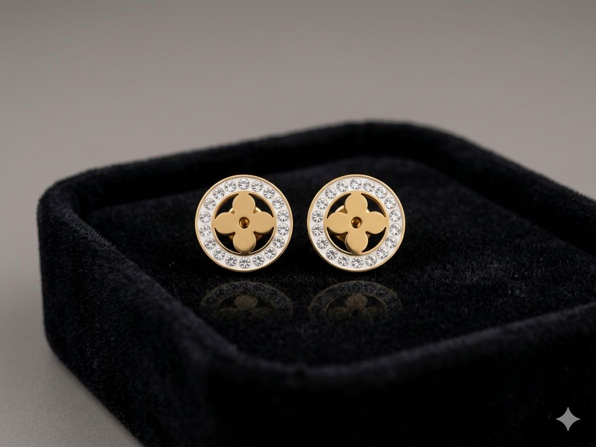 Elegant Flower Motif Stud Earrings with Crystal Border Image 