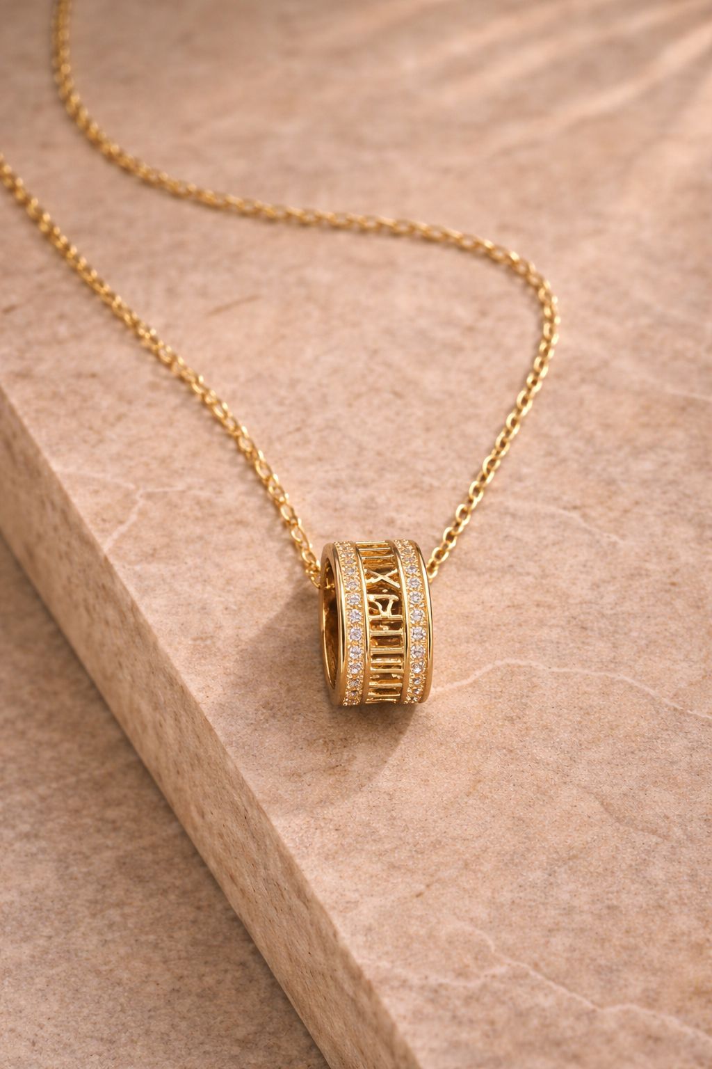 Roman Numeral Gold-Tone Pendant Necklace with Crystal Accents Image 
