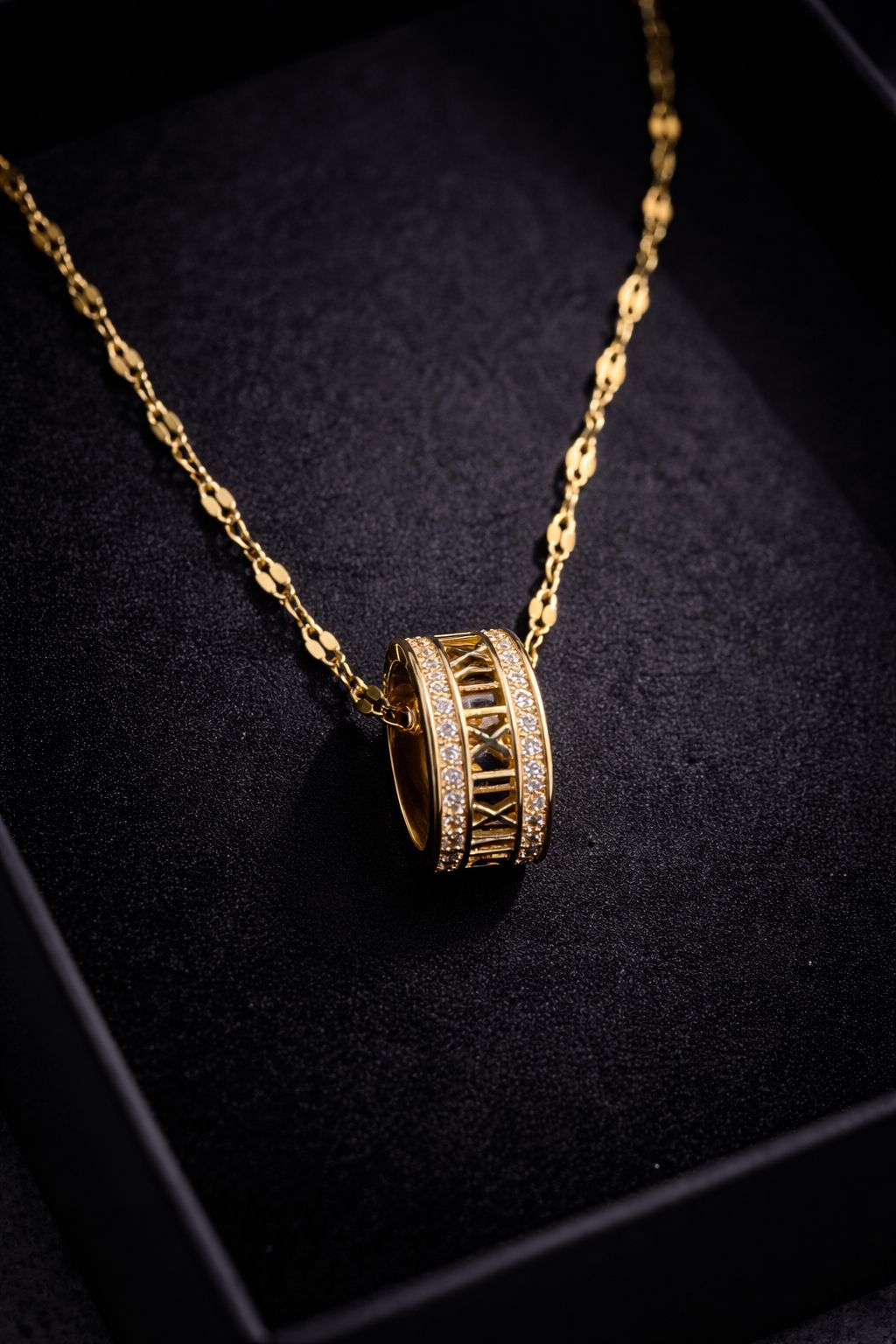 Roman Numeral Gold-Tone Pendant Necklace with Crystal Accents Image 