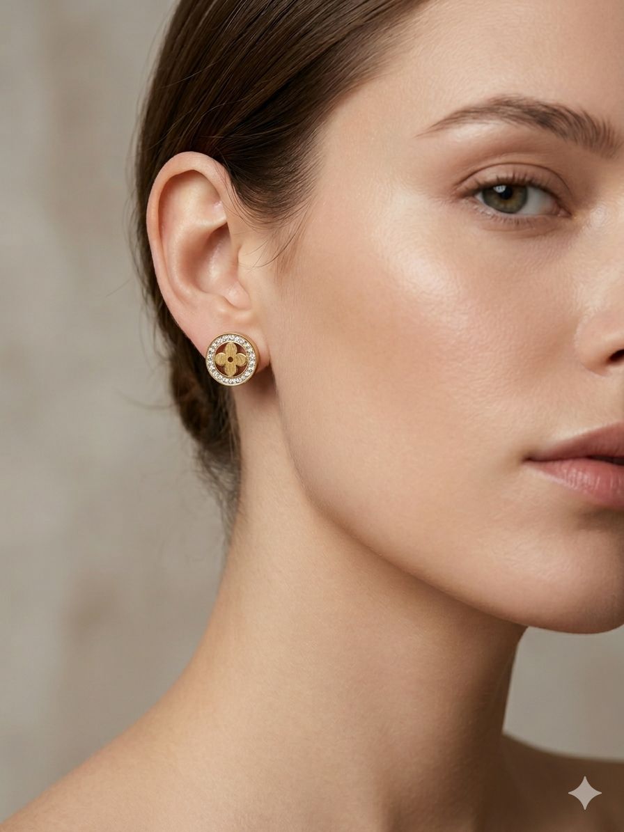 Elegant Flower Motif Stud Earrings with Crystal Border Image 