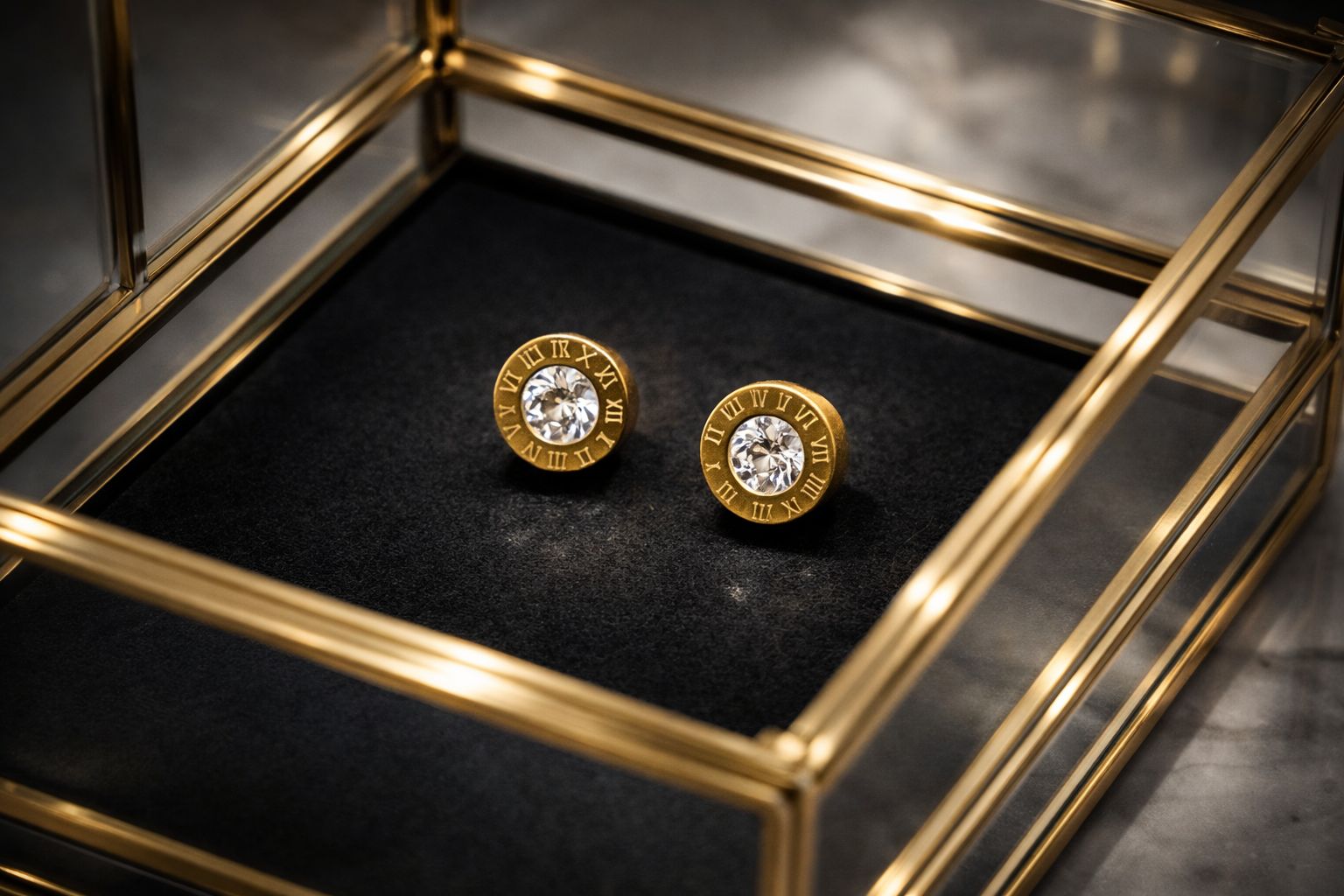 Roman Numeral Crystal Stud Earrings - Gold Plated  Image 