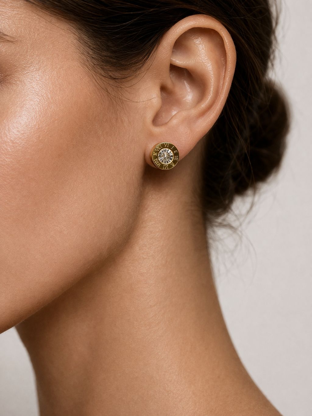 Roman Numeral Crystal Stud Earrings - Gold Plated  Image 