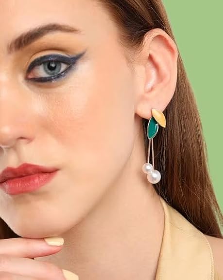 Gold Plated Pearls Beaded Enamelled Leaf Shaped Drop Earrings Image