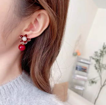 Fashion Temperament Plated Gold Floral Red Imitation Pearl Earrings with Cubic Zirconia - Luxurious Look - Vibrant Color Image