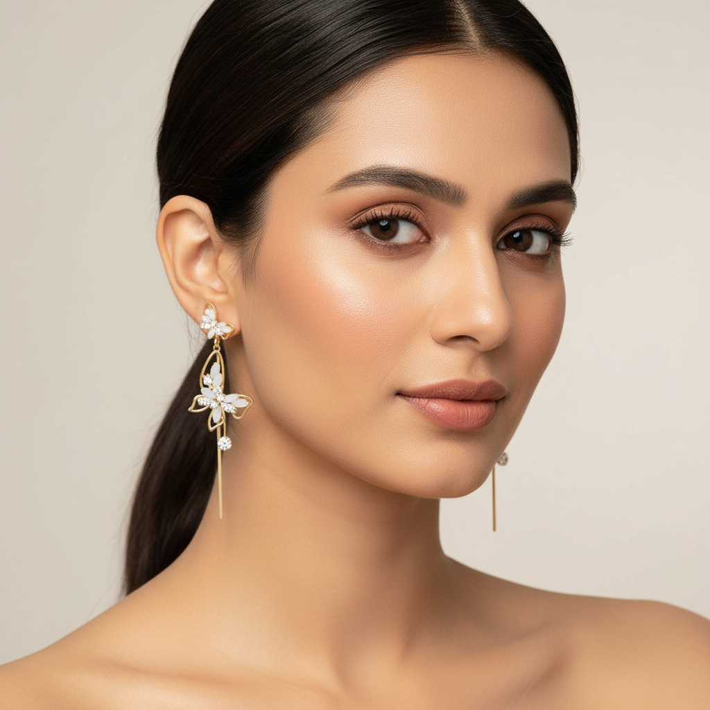 Korean Earring  Women Gold-Plated Butterfly Designed Crystal Studded Drop Earrings Image