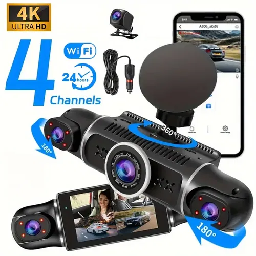 4K Car Dash Cam 360° Rotatable Driving Recorder, 4-Channel Vehicle Camera Image