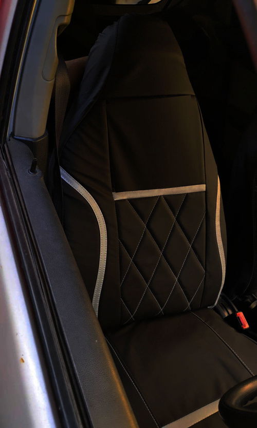 PU Leather Car Seat Cover For Maruti Eeco 5S(2018-2024) (Front seat Fixed Head Rest, Rear seat 2 fixed head rest, 5 Seater,) (black silver) Image