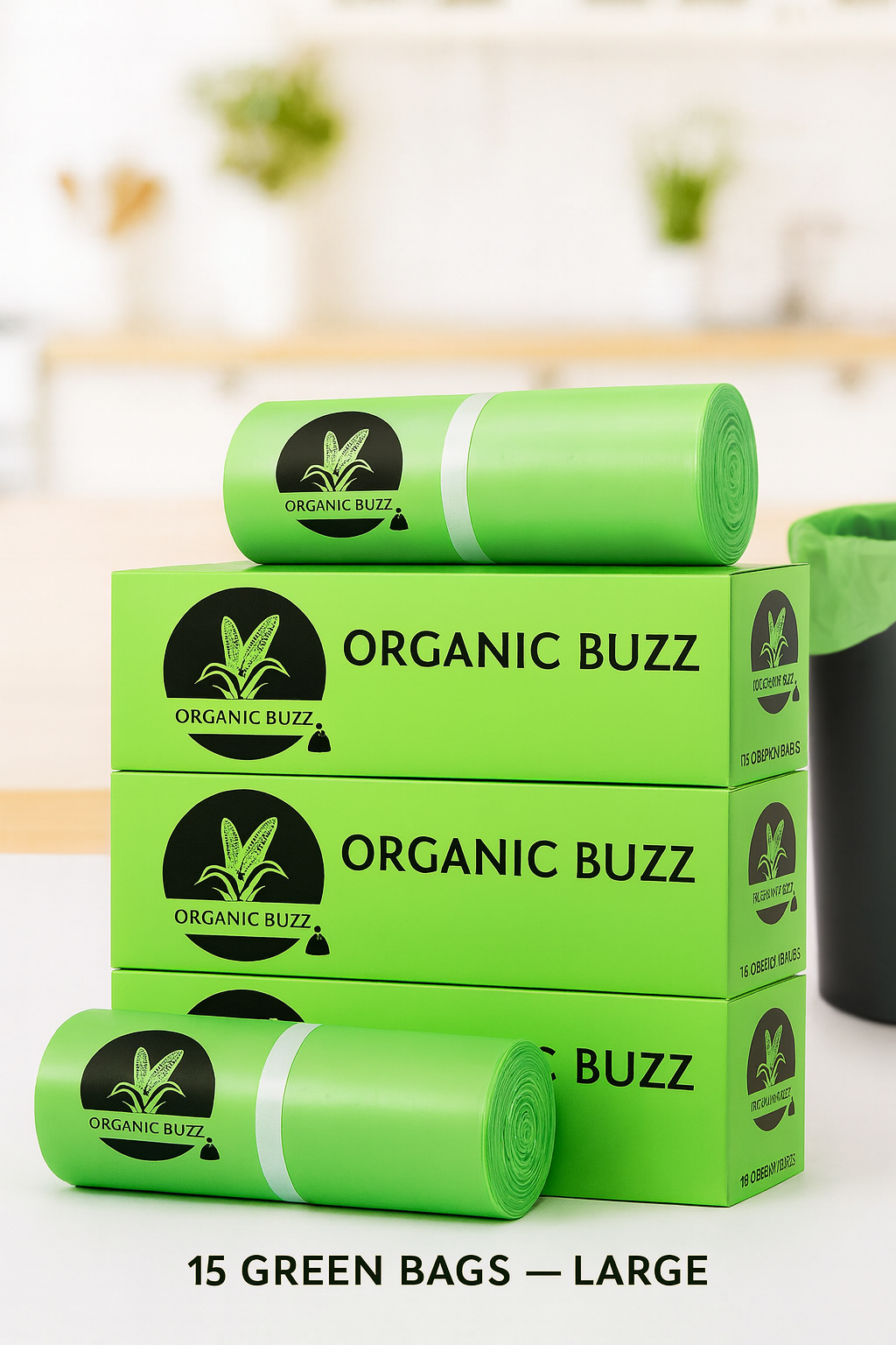 Garbage Bags 24 x 32 Inches (Large) 90 Bags 6 Rolls Green Color Image