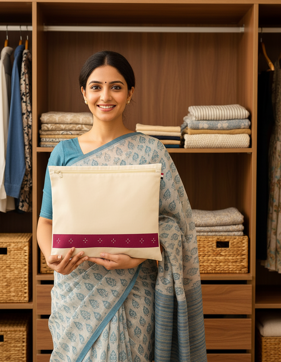 Organic Buzz Cotton Saree Bags/Covers For Storage Set Of - 12 Big Size Single (16 X 14 Inches) With Zip Closure For Clothes Bags And Wardrobe Organizer With Transparent Mesh Window, Beige Image 