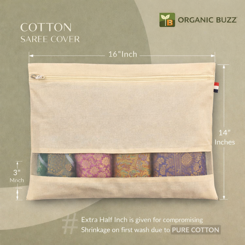 Organic Buzz Cotton Saree Bags/Covers For Storage Set Of - 12 Big Size Single (16 X 14 Inches) With Zip Closure For Clothes Bags And Wardrobe Organizer With Transparent Mesh Window, Beige Image 