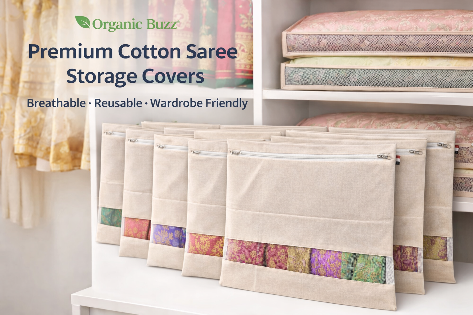 Organic Buzz Cotton Saree Bags/Covers For Storage Set Of - 12 Big Size Single (16 X 14 Inches) With Zip Closure For Clothes Bags And Wardrobe Organizer With Transparent Mesh Window, Beige Image 